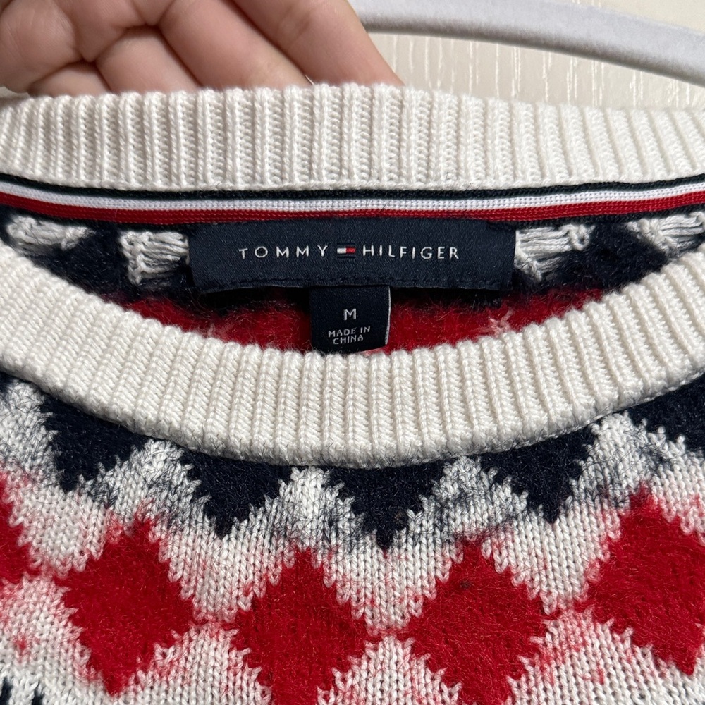 Tommy Hilfiger Ivory Cable Knit Fair Isle Sweater Y2K Preppy Winter Holiday Ski - Picture 5 of 6